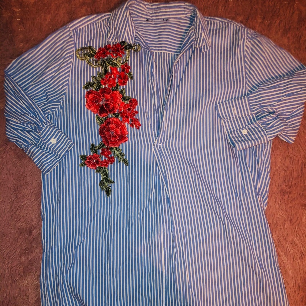 Blue & White Striped Embroidered Blouse